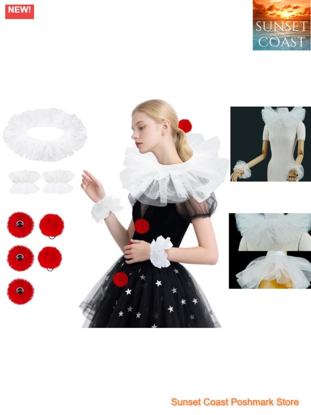 Vintage Clown Ruffle Collar Cuffs Set with Red Pompoms Jester Costume Halloween